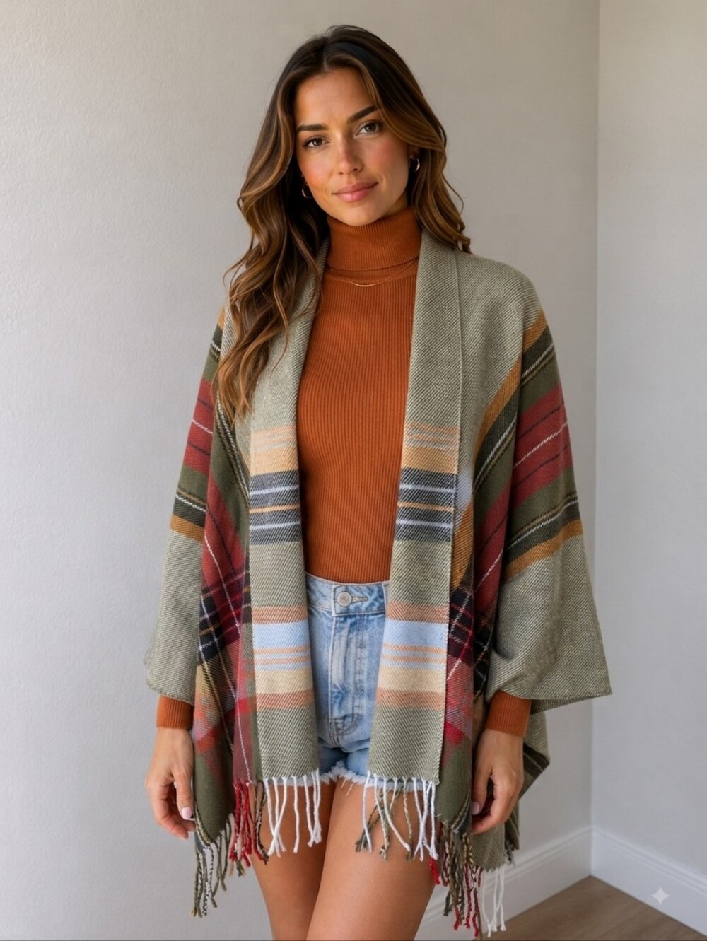 Francesca's Collections Olive, Rust & Cream Plaid Fringe Shawl